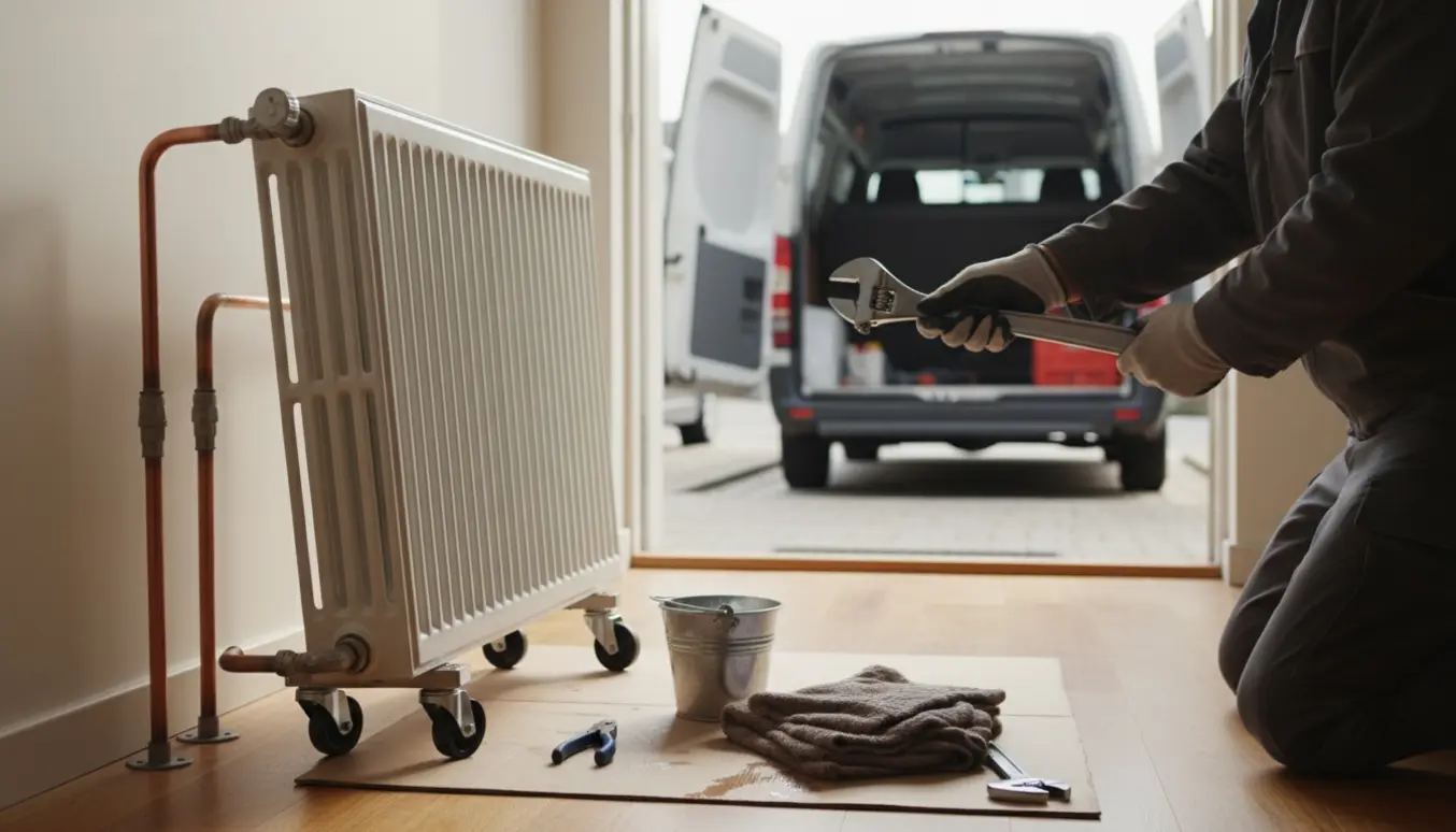 Afmontering af radiator i en lejlighed med værktøj, drypværn og en varevogn i døråbningen.