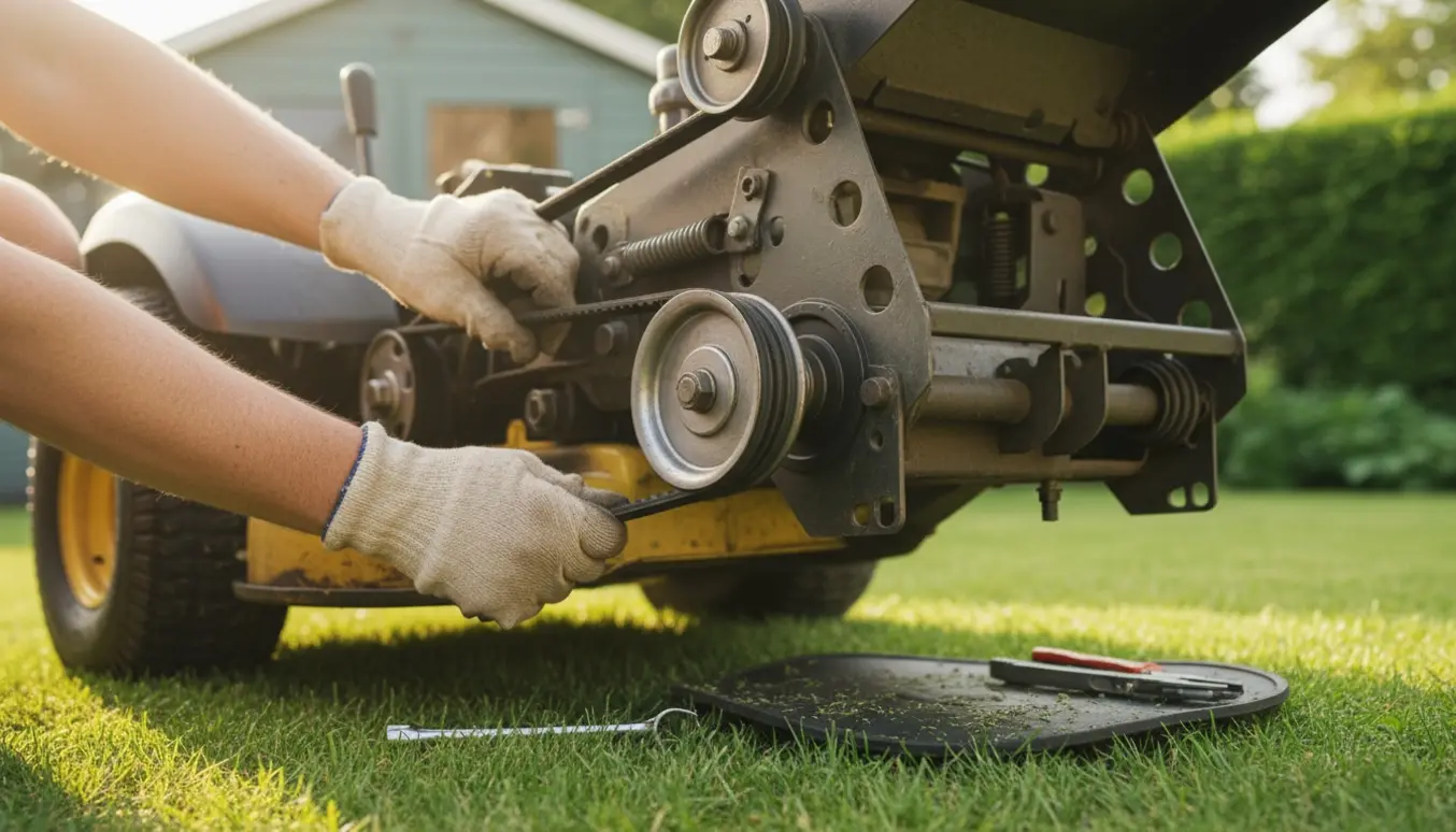 Hænder monterer en rem på en havetraktor under løftet klippebord i naturligt lys.