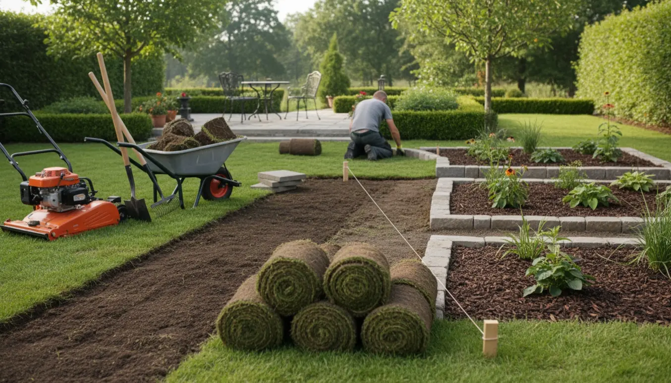 Haveomlægning med fjernet græs, rullede plæner, ny gang og bede ved en bevaret terrasse.
