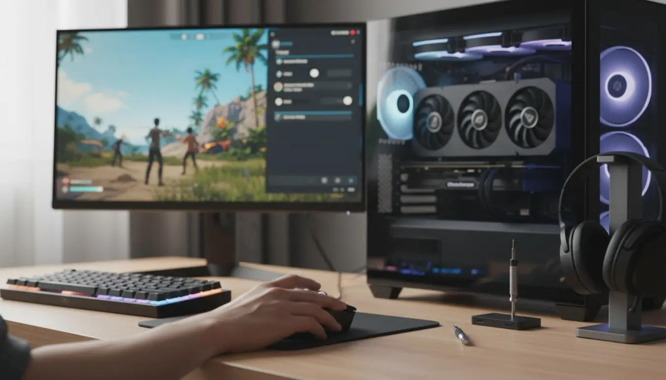 Gaming-setup med en hånd, der justerer en RGB-mus foran to skærme og en højtydende pc.