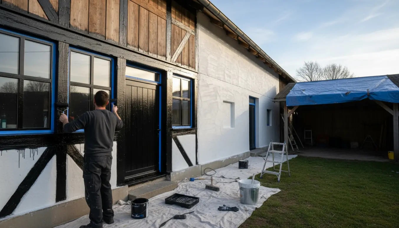 En person kalker staldgavl og maler sort træværk på hus og carport, ansigt ikke synligt.