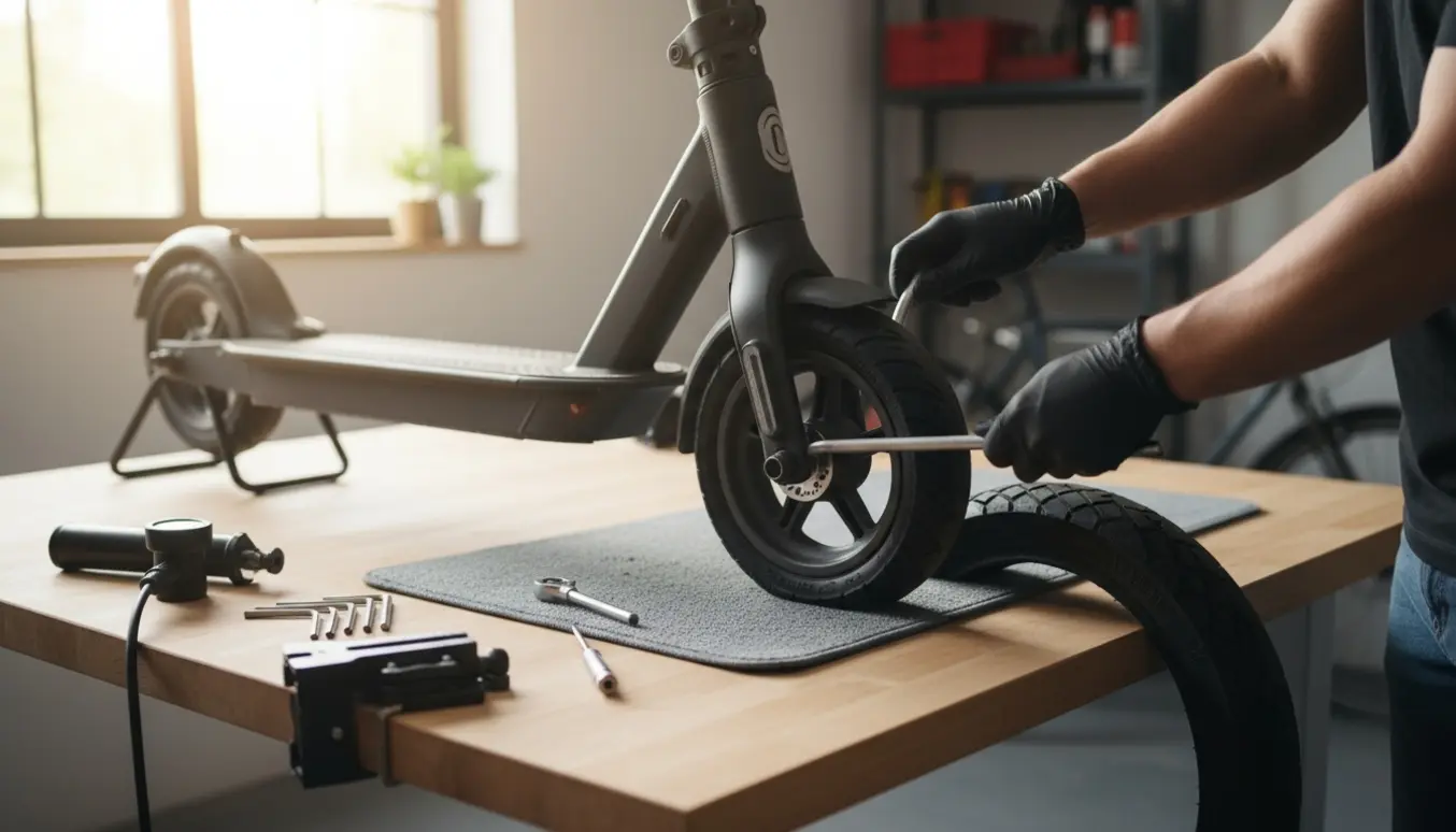 Hænder skifter dæk på et el-løbehjul med afmonteret hjul og reservdæk på et solbeskinnet værksted.
