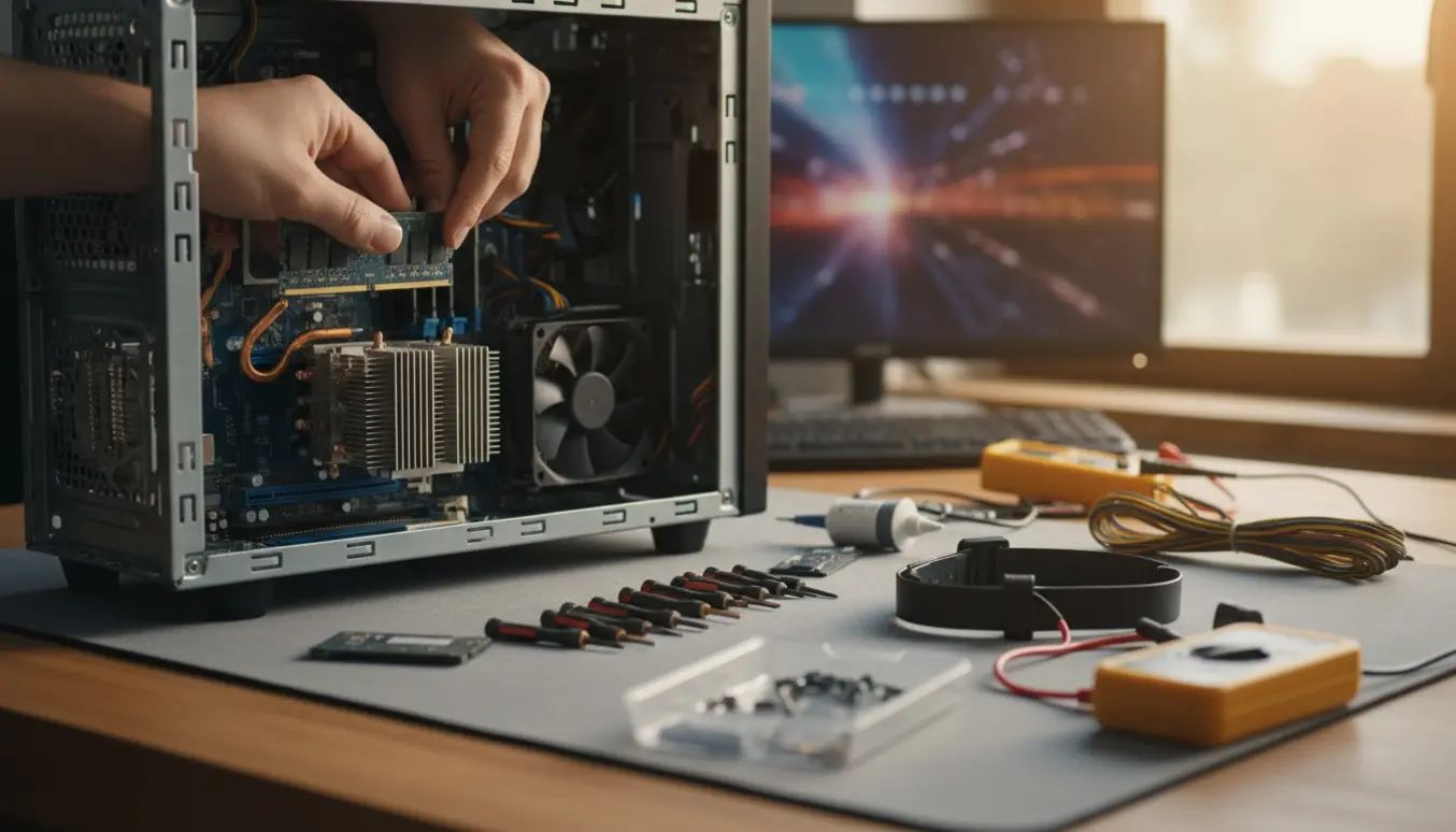 Nærbillede af hænder, der reparerer en åben pc på et ryddeligt arbejdsbord med værktøj og reservedele.
