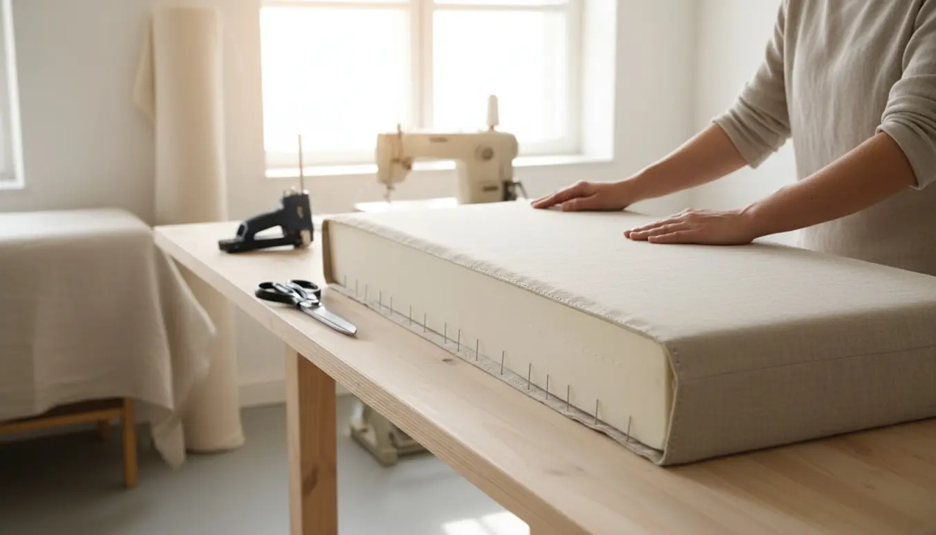 Hænder ombetrækker en lang daybed-hynde i hørstof på et lyst værksted.