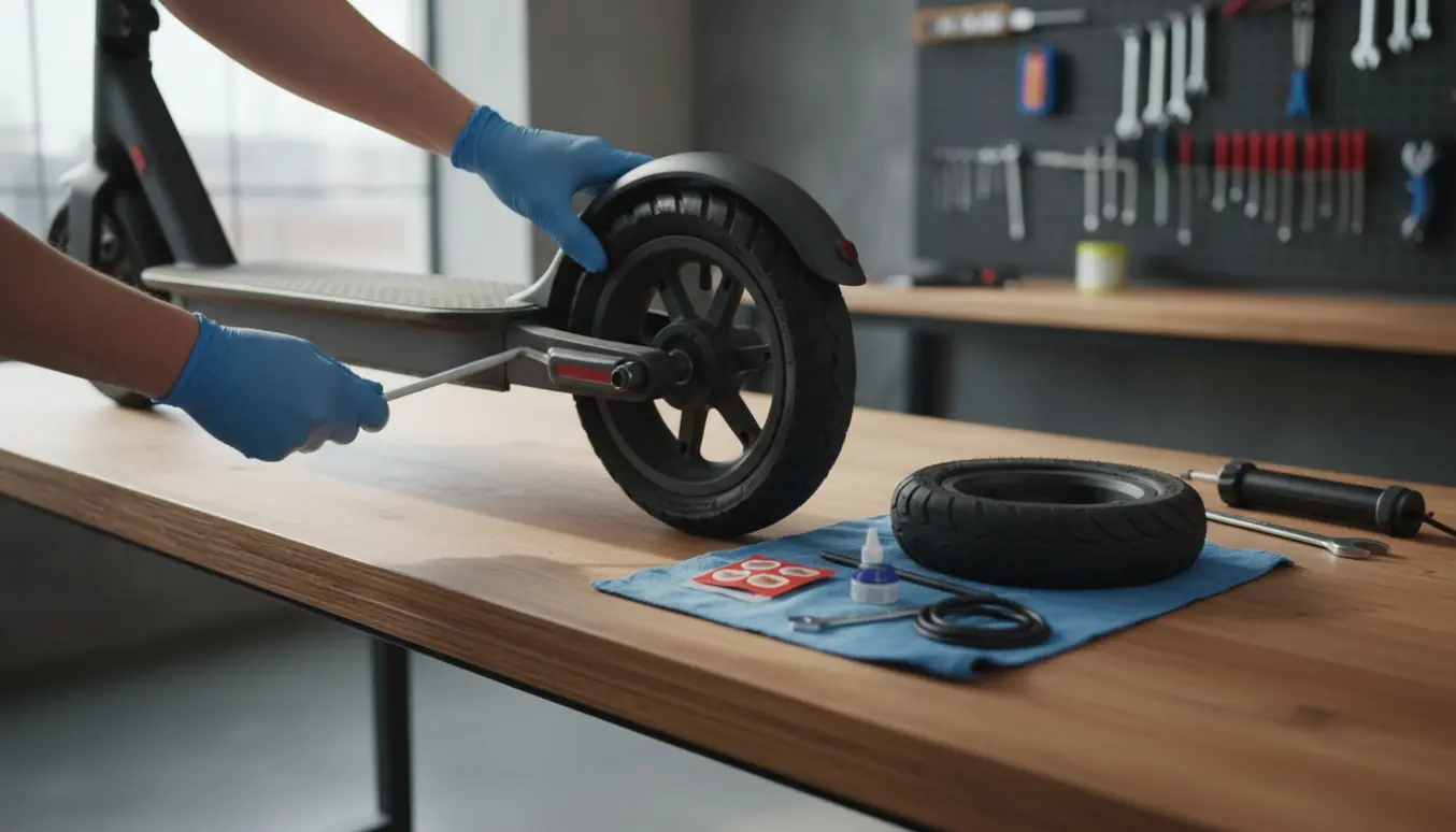 Hænder, der lapper eller skifter et fladt hjul på et el-løbehjul ved et værkstedsbord.