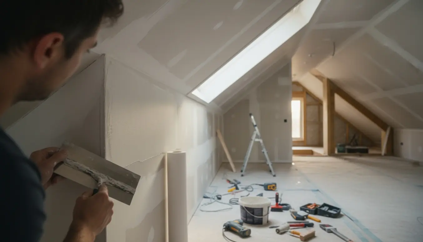 Loftsrums skråvægge under fuldspartling og opsætning af filt med værktøj i naturligt lys.