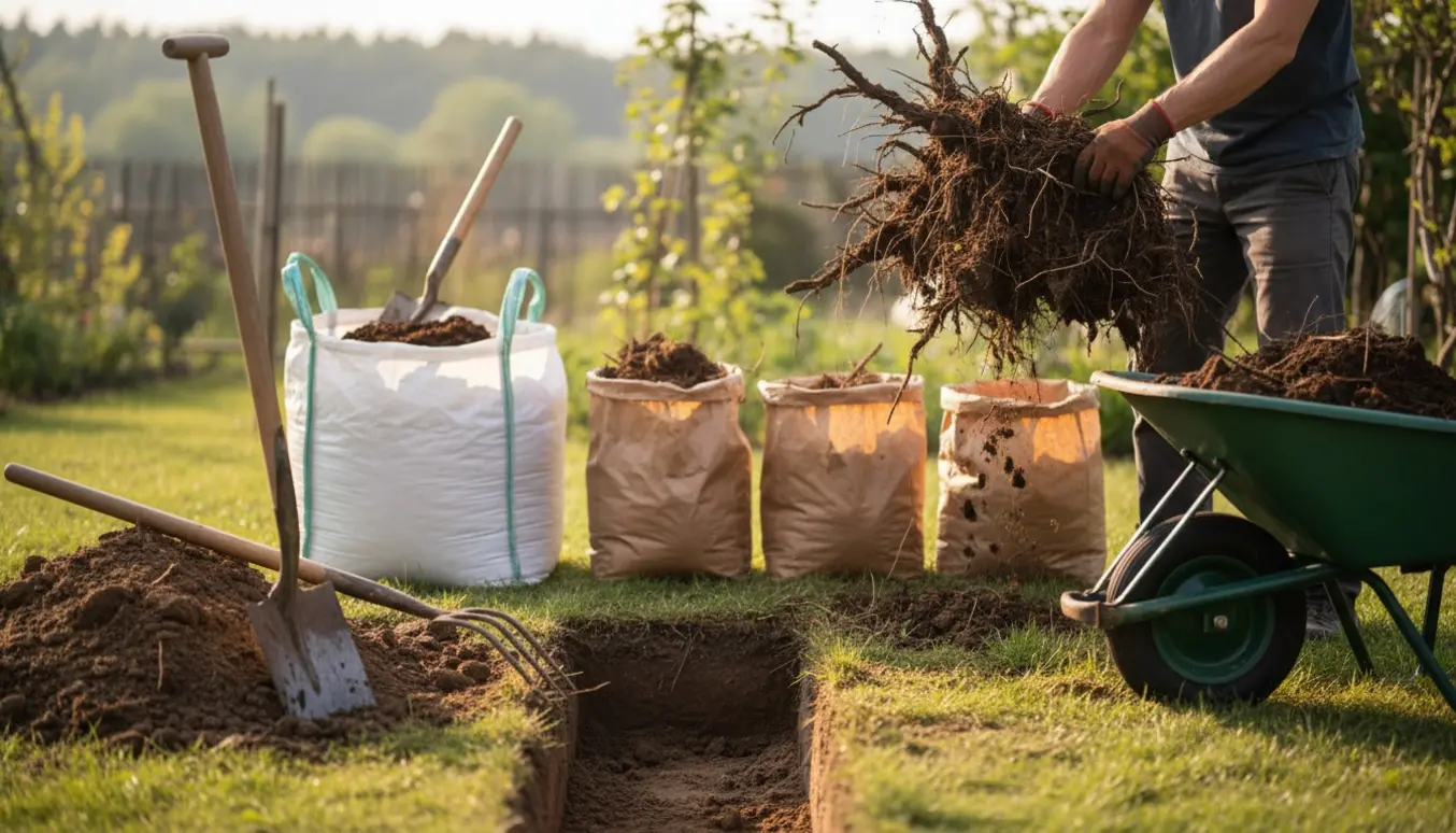 Opgravning af brombærrødder og hybenroser i et bed med papirsække og bigbag jord samt en nygravet rende til hæk.