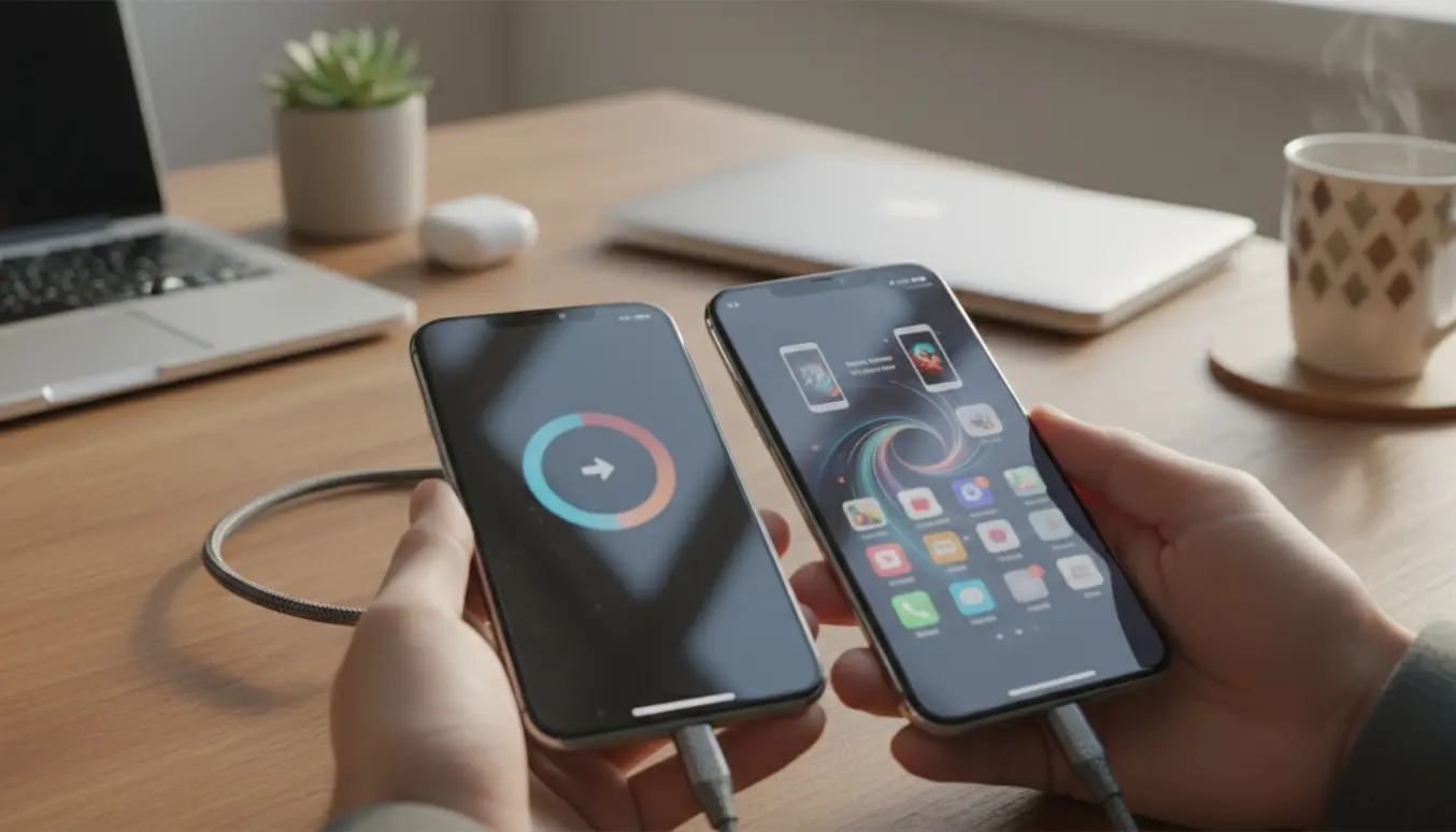 To identiske smartphones forbundet med et USB-C-kabel på et træbord, hvor data overføres i blødt dagslys.