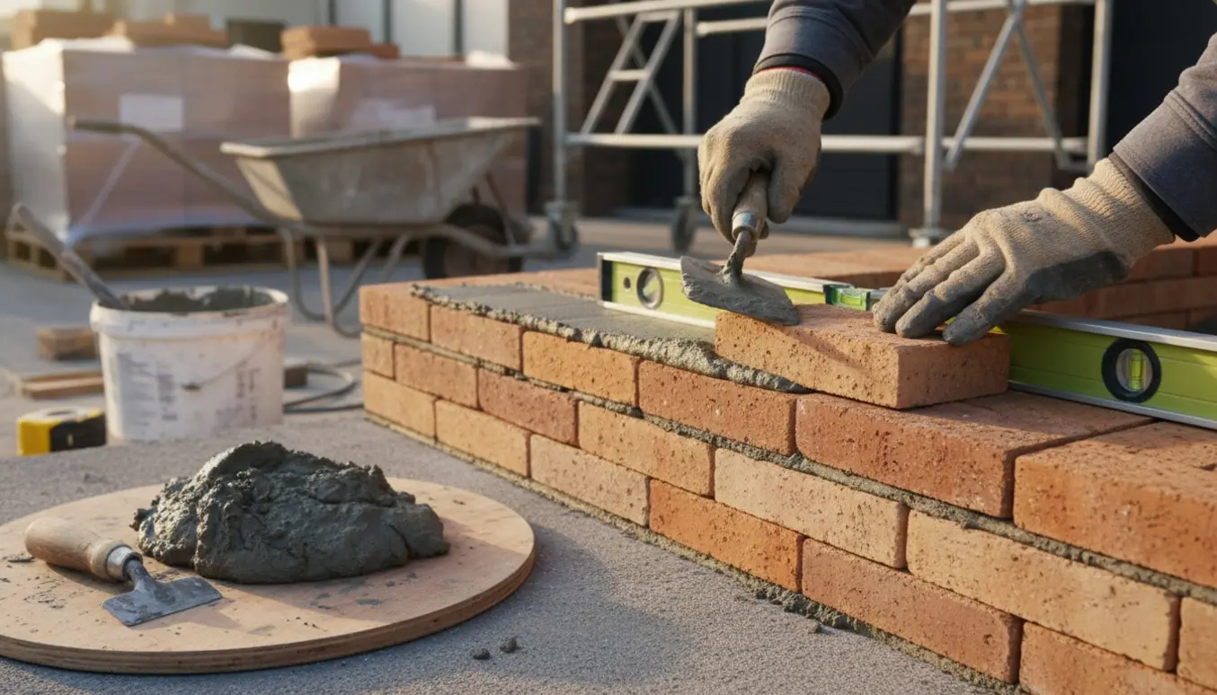 Nærbillede af en murer, der lægger skalmur med mursten, mørtel og værktøj på en udvendig væg.