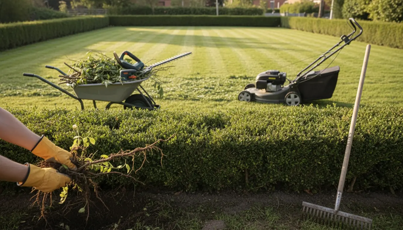 Hands med handsker fjerner ukrudt under en lang hæk mens en plæneklipper slår højt græs i baggrunden.