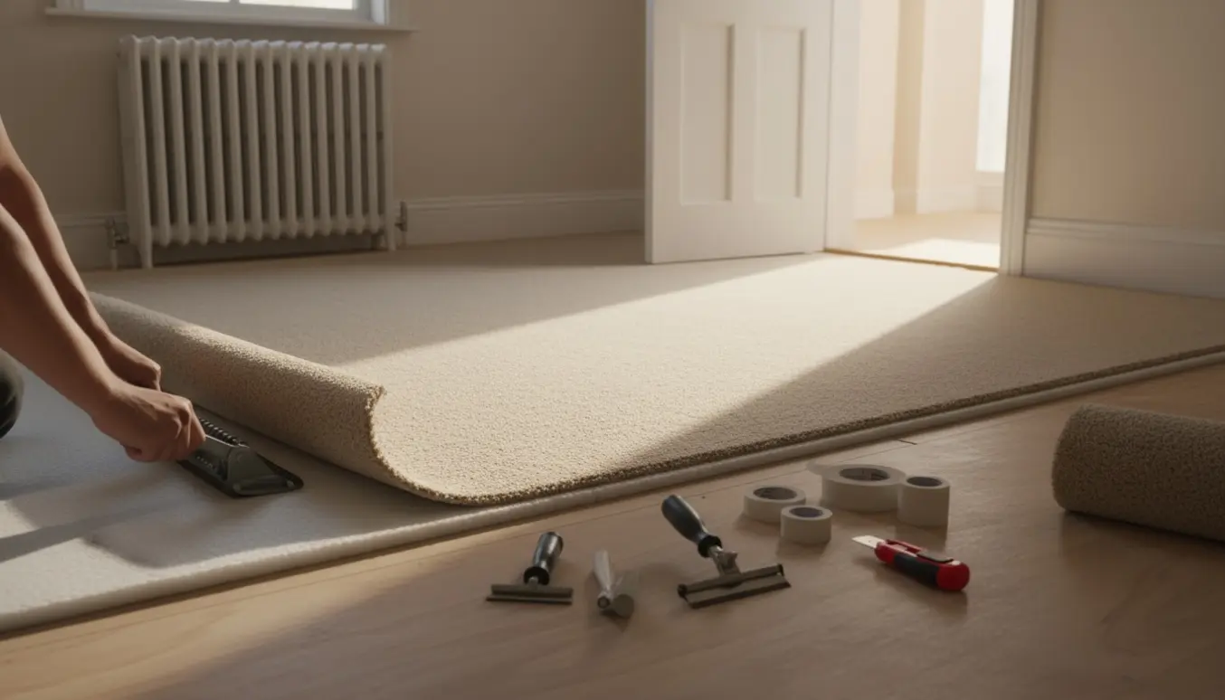 Et kvadratisk rum, hvor nyt tæppe rulles ud med værktøj, radiator i den ene ende og en åben dør.