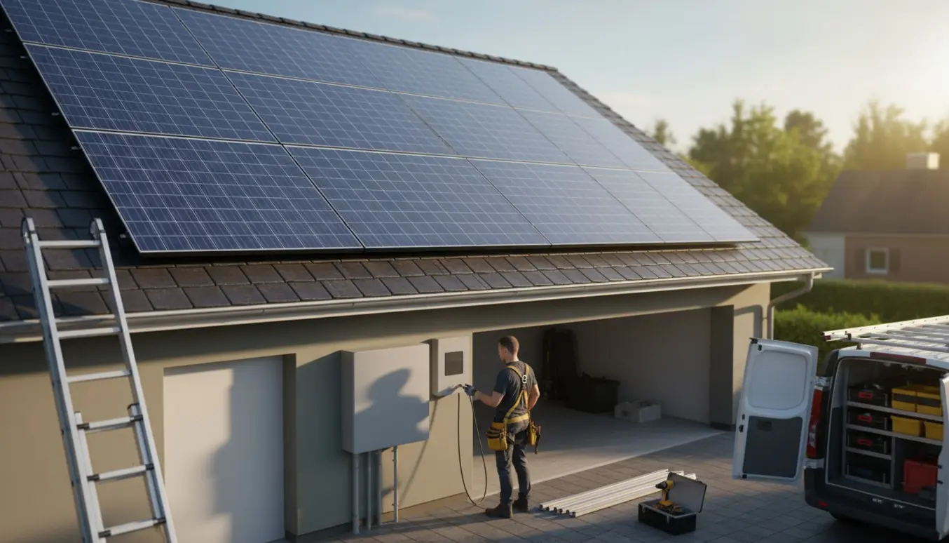 Tag med solpaneler og en tekniker, der tilslutter et vægmonteret hjemmebatteri ved garageindgangen.