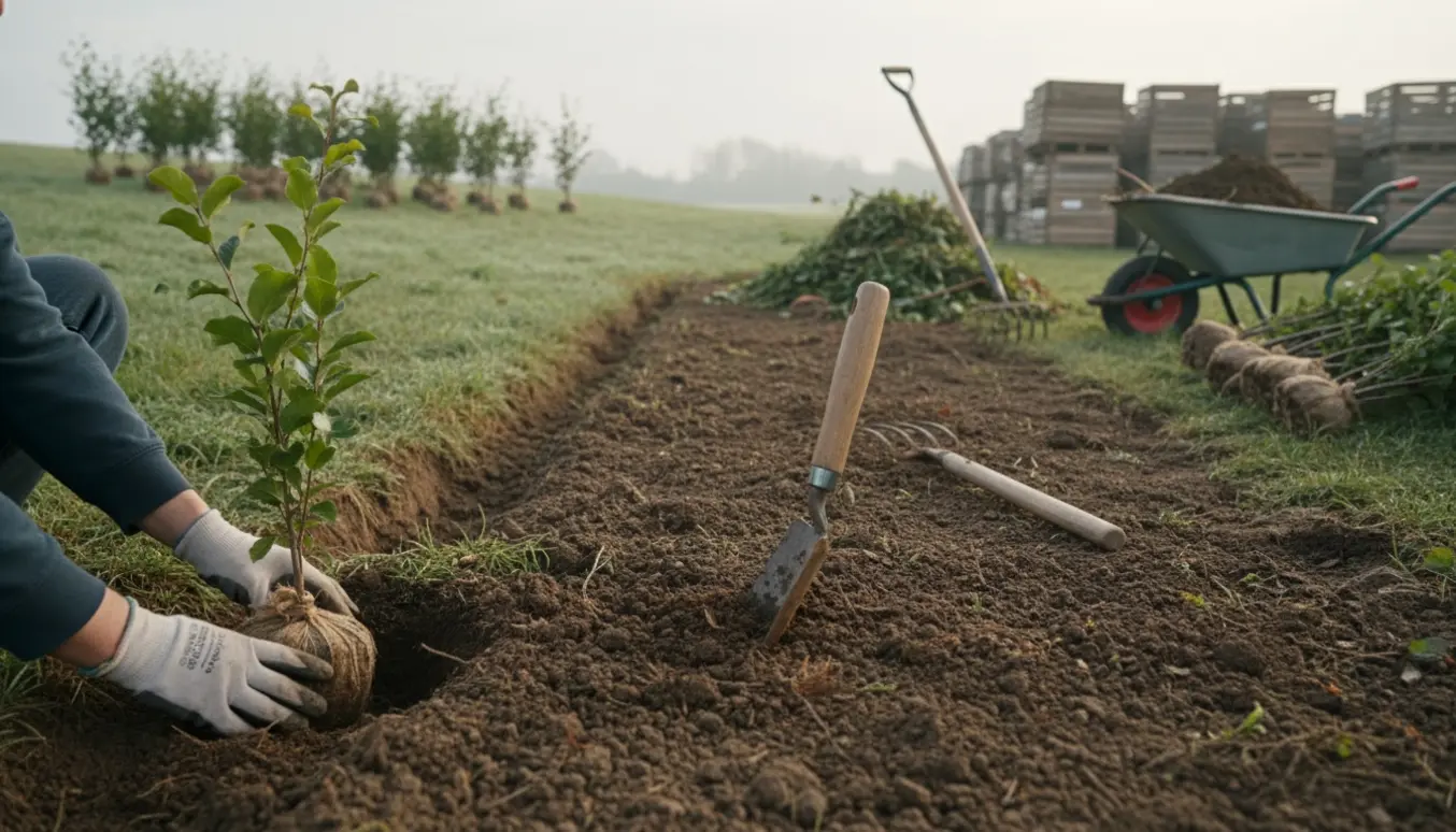 Nærbillede af plantning af bøgeplanter til hæk og klynge på en lille skråning med redskaber og fjernet ukrudt.