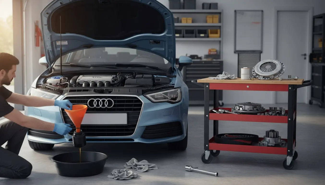 Åben bilmotor med handske­klædte hænder og reservedele til olieskift, tandrem, kobling og vandpumpe.