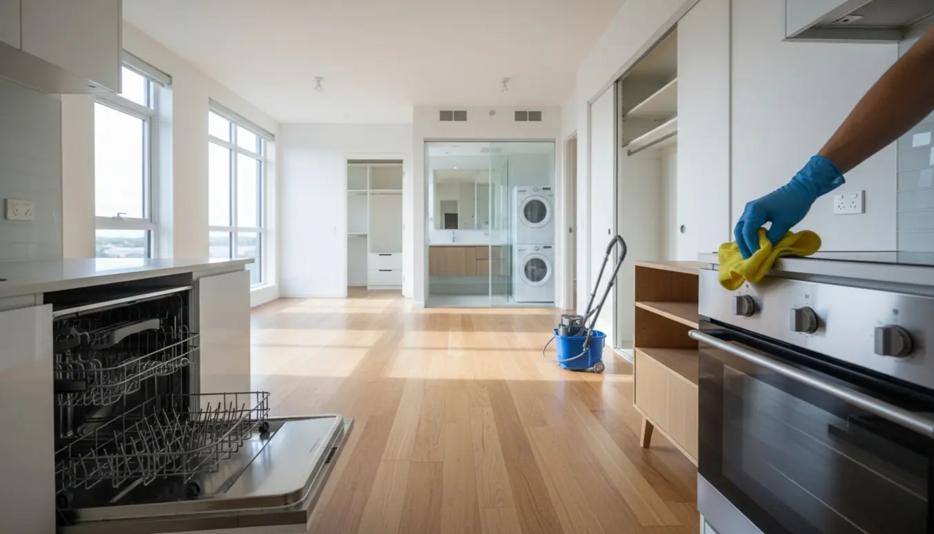 Nyrengjort tom lejlighed med skinnende køkken, åben opvaskemaskine og synlig vaskemaskine og tørretumbler.