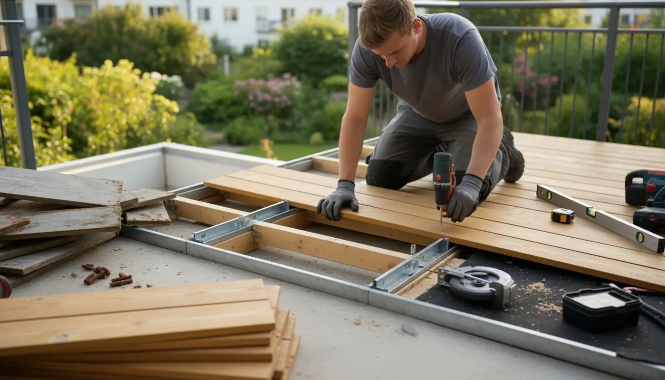 Håndværker skifter vejrslidte terrassebrædder og strøer i metal-kassetter på første sal.