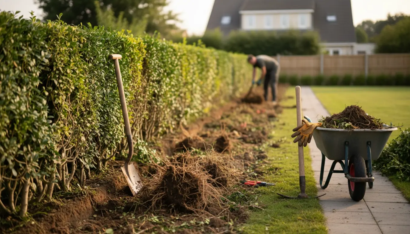 Opgravet ligusterhæk med blottede rødder, spade og trillebør i en villahave.