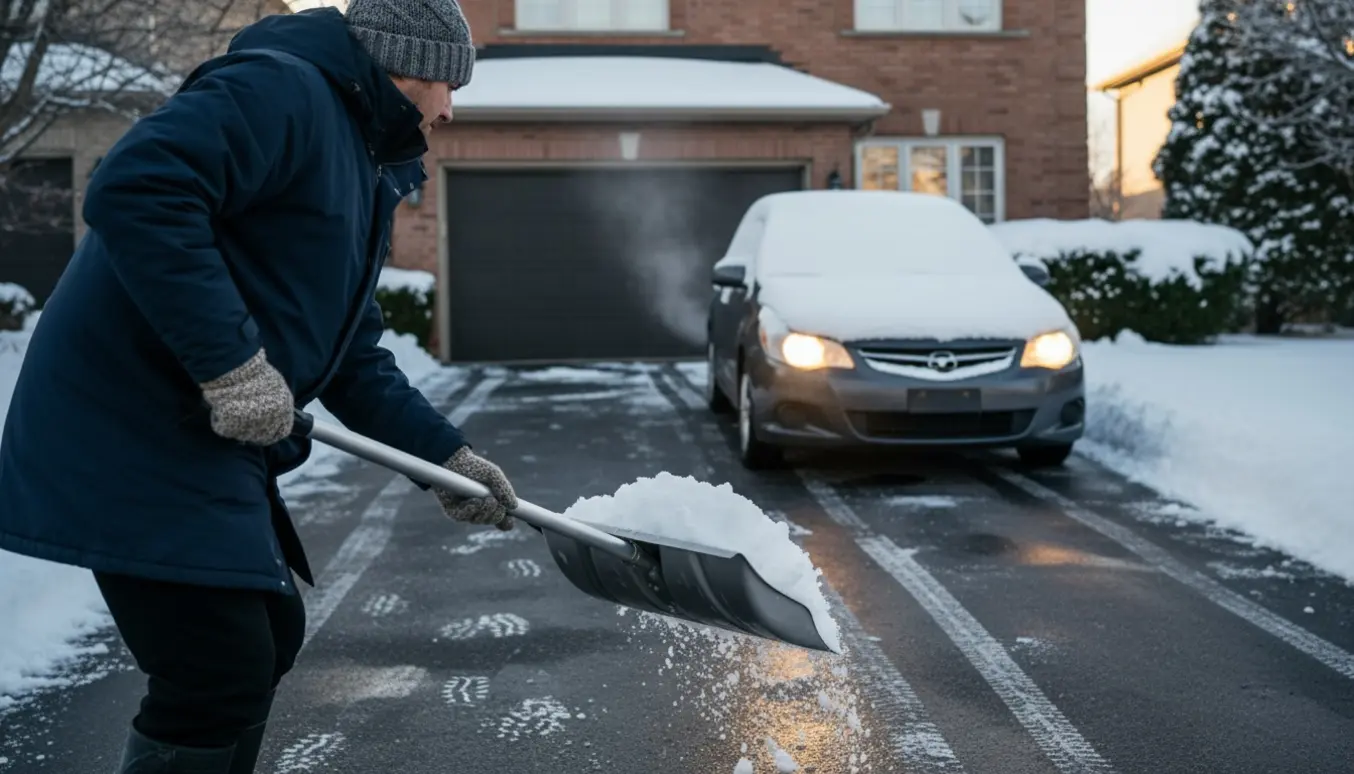 Person skovler sne fra en indkørsel omkring en bil, så den kan komme ud.