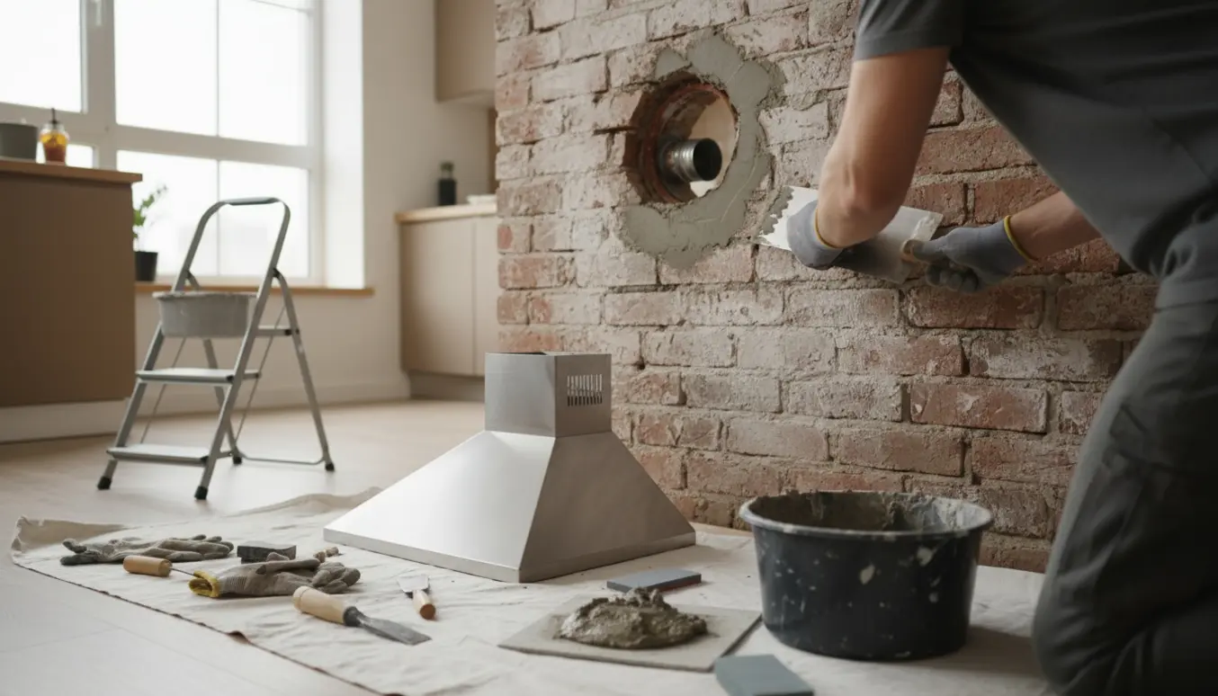 Hænder spartler mørtel og lukker hul i murstensvæg efter fjernet emhætte i et køkken.