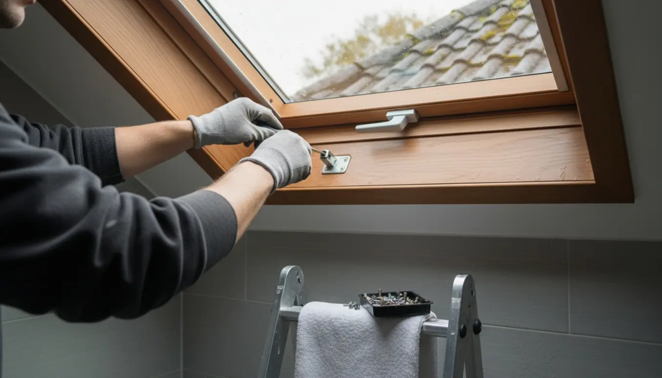 Hænder reparerer et ovenlysvindue i et badeværelse med værktøj på en trappestige.