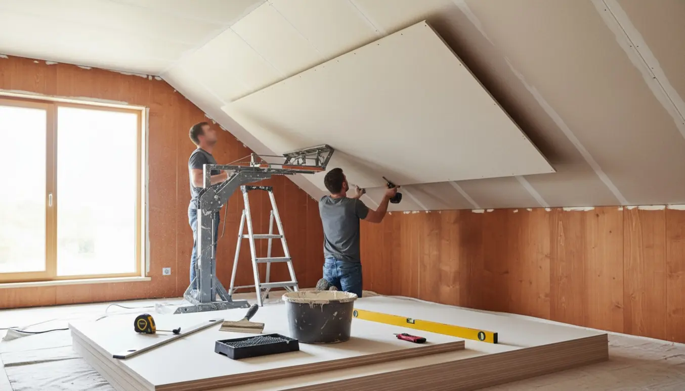 Gipsplader løftes og monteres på loft og skråvægge i et rum med brandhæmmende træplader.