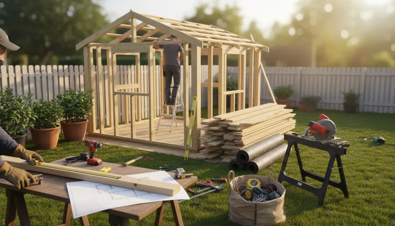 Delvis opbygget skur i baghaven med tømrerhænderværktøj og materialer i brug.