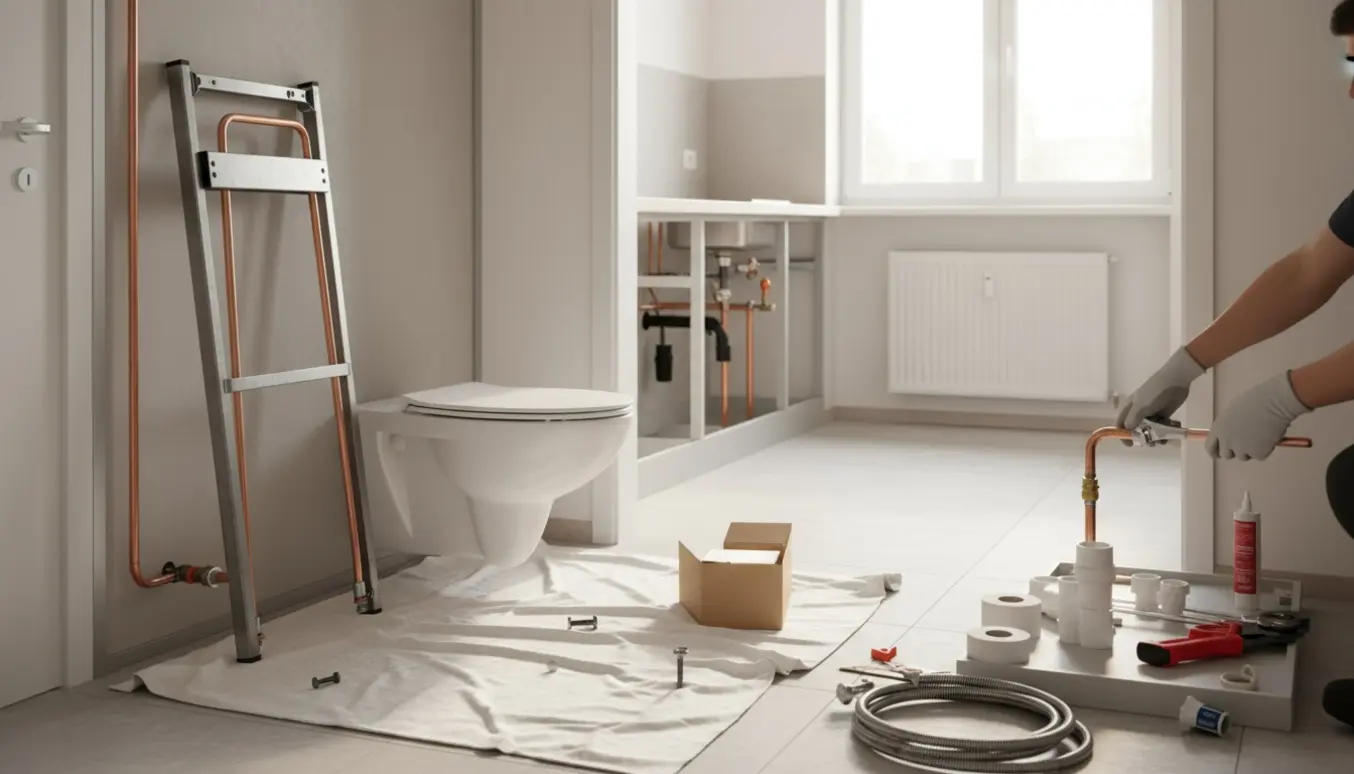 VVS-håndværker arbejder med toiletstativ, toiletskål og eksponerede vand- og afløbsrør mellem badeværelse og køkken.