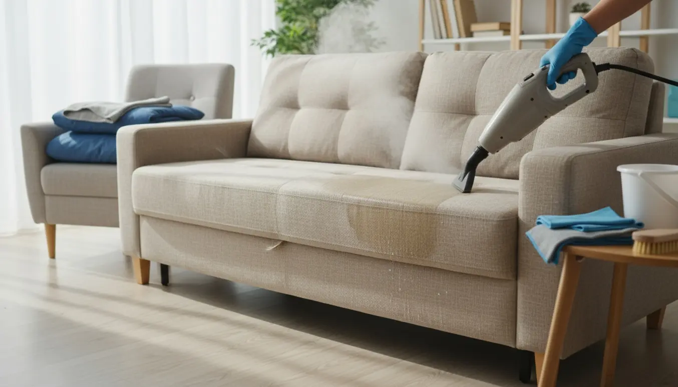 Hånd med damprenser renser en stofsofa-seng i et lyst, moderne opholdrum.