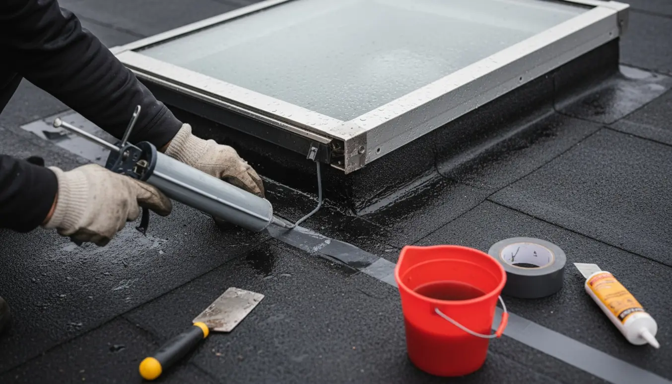 Nærbillede af et utæt ovenlysvindue på et opbygget tag, hvor handsker påfører tætningsmiddel ved rammen.