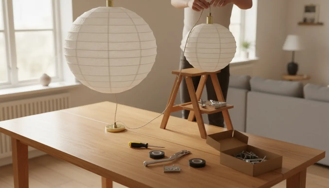 To rispapirlamper i forskellige størrelser hænger over et spisebord, en person på en stige monterer fatning og ledning uden pære.