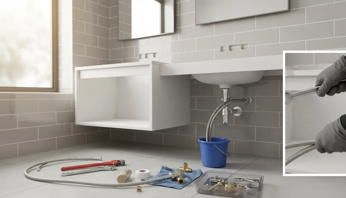 Nyt håndvaskmøbel under montering med værktøj og åbne vandtilslutninger.