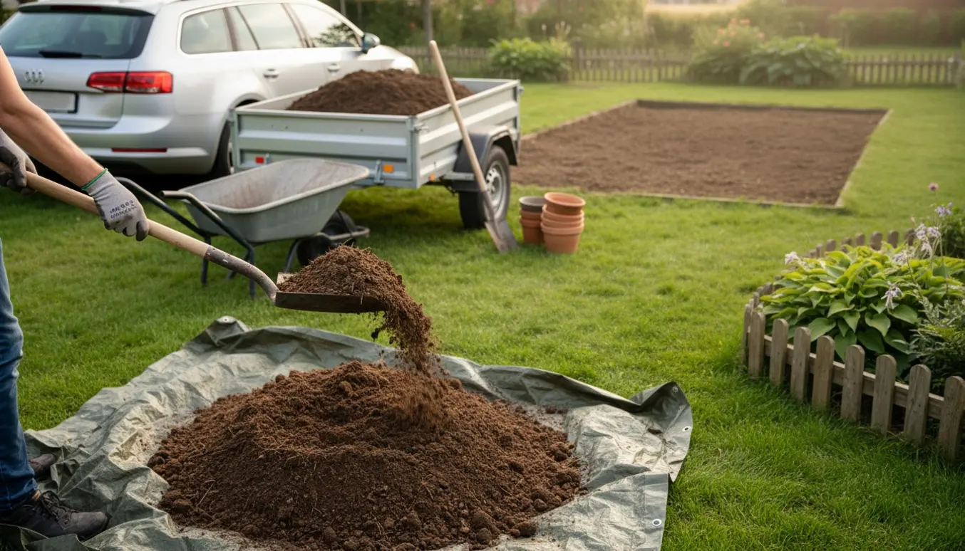 Trailer fyldt med jord ved et ryddet bed med skovl og bil i baggrunden.