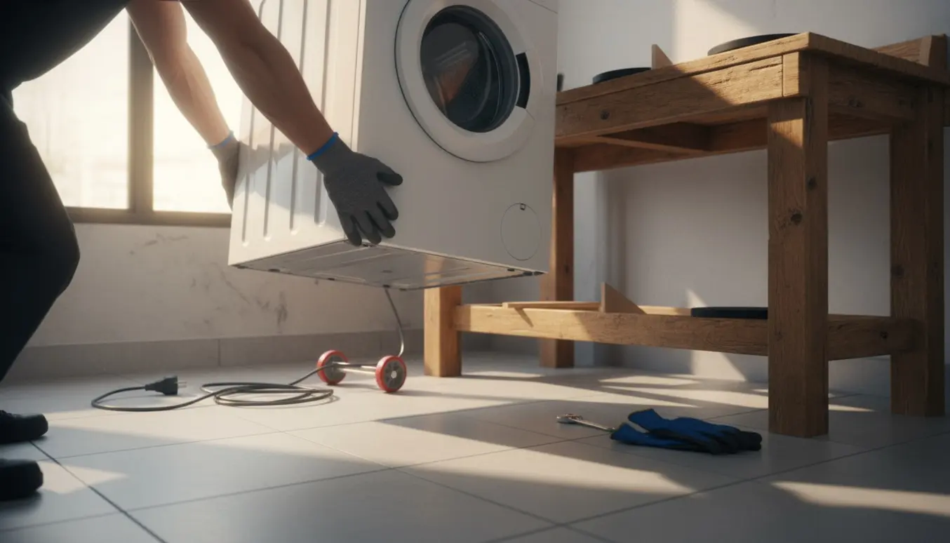 En person løfter den ene side af en vaskemaskine op på en solid træbænk i et lyst bryggers.