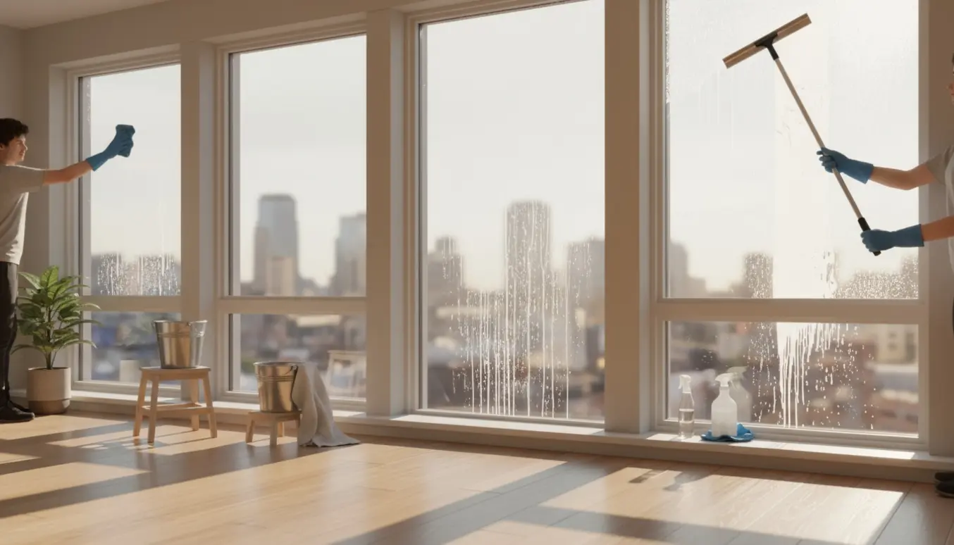 Hænder vasker tre almindelige og tre store vinduer i en lys lejlighed med rengøringsudstyr på vindueskarmen.