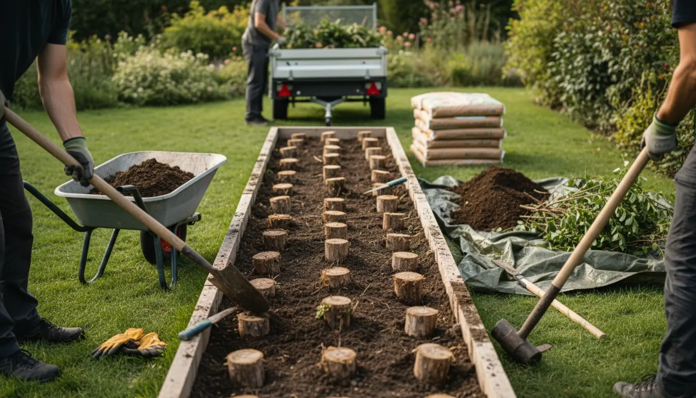 Smalt bed med udgravede buskstubbe, trillebør med jord og ny jord klar til at blive lagt på.
