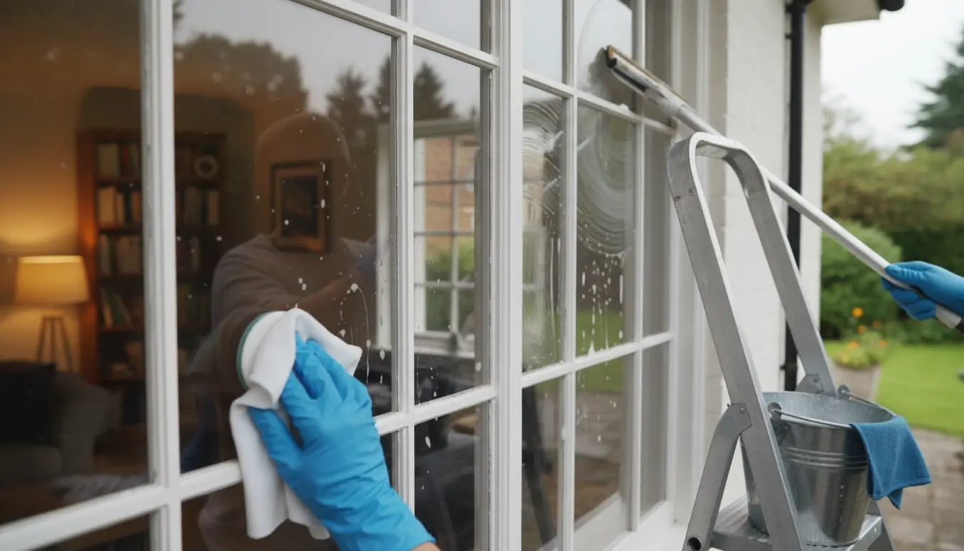 Nærbillede af rengøring af sprossevinduer ind- og udvendigt med klud og skraber.