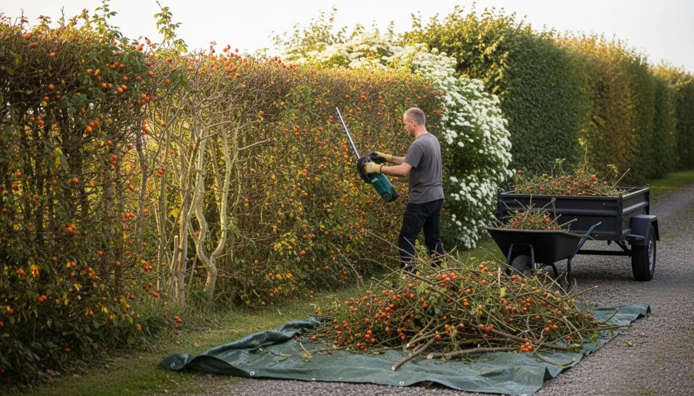 Hybenrosehæk klippes kraftigt tilbage, afklip samles i en trillebør klar til afhentning.