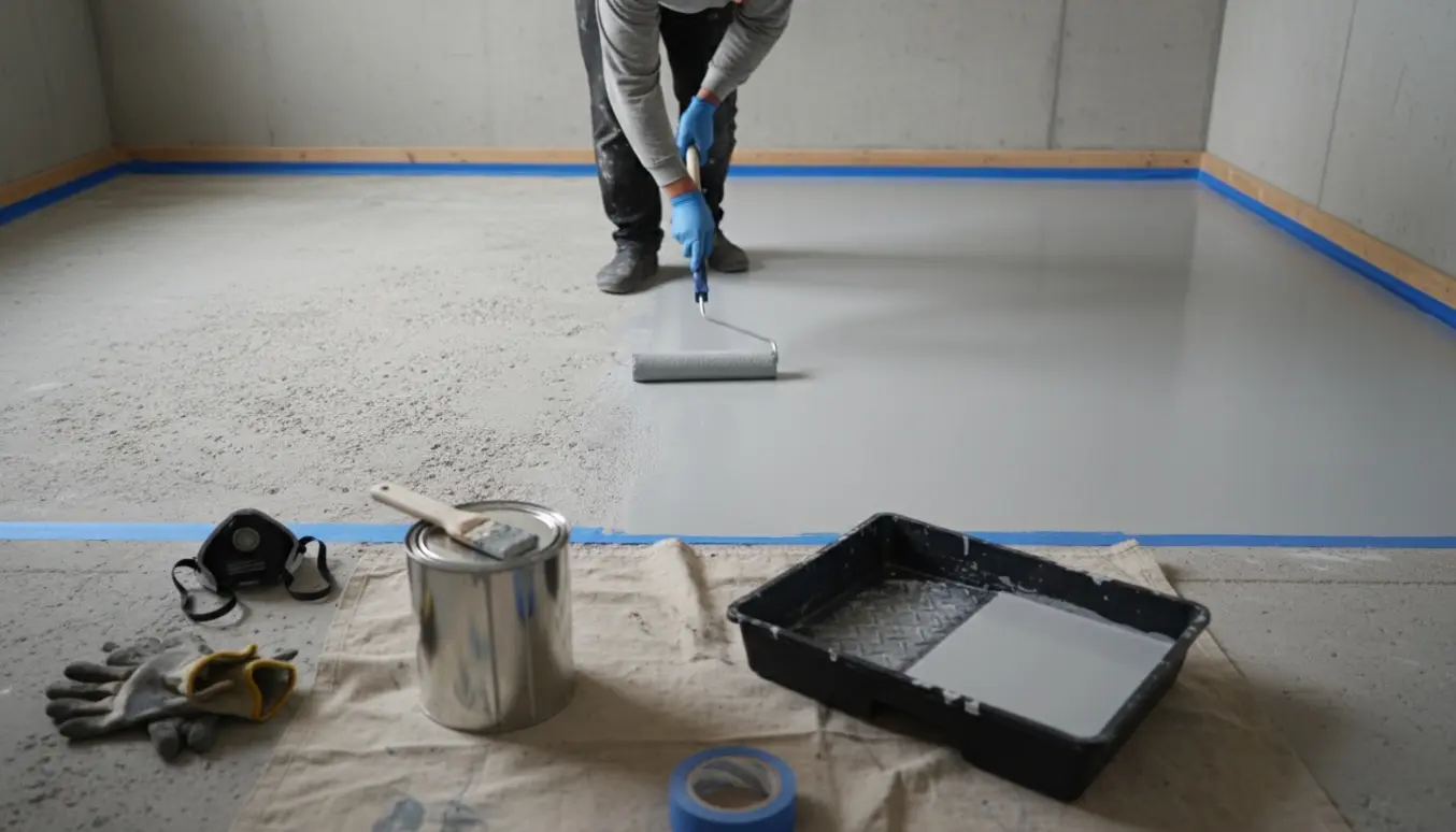 Hænder maler et lille 3x3 m betongulv med rulle, delvist malet gulv og malerbøtte i et lyst rum.