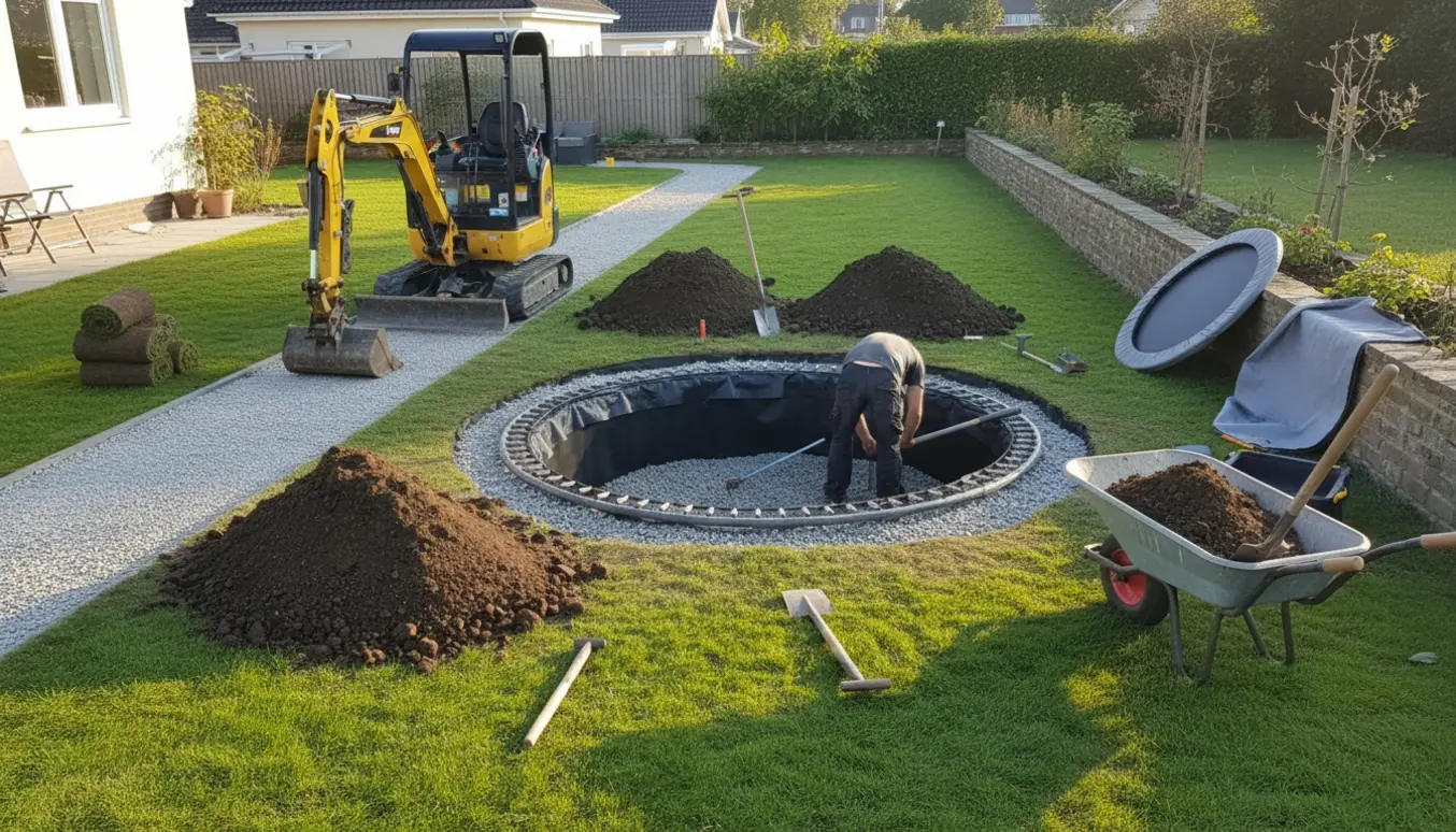 Delvist nedgravet trampolin i en baghave med jordbunker, minigraver og værktøj.