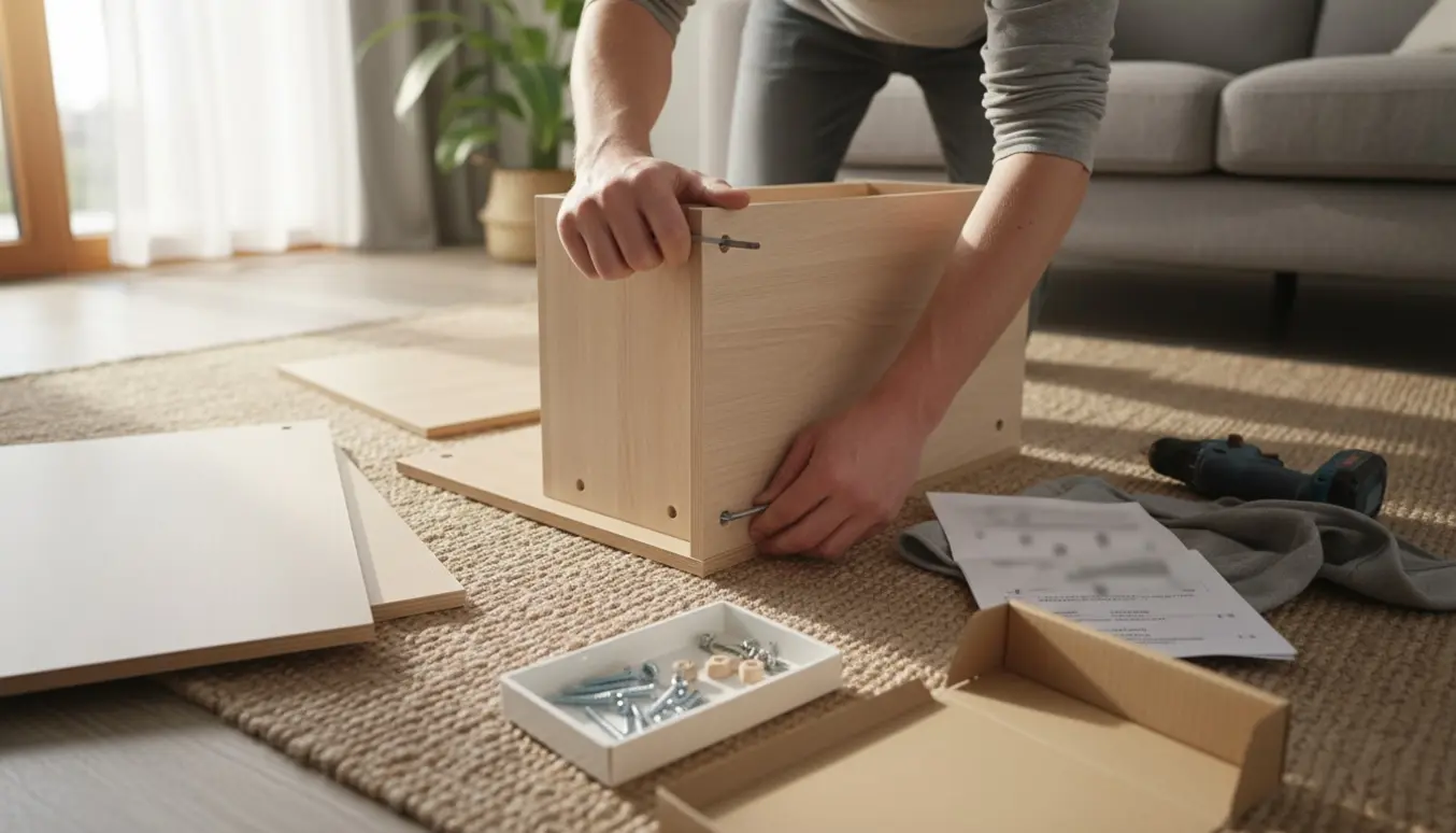 Hænder samler et fladtpakket skab med træplader, skruer og unbrakonøgle i en lys stue.