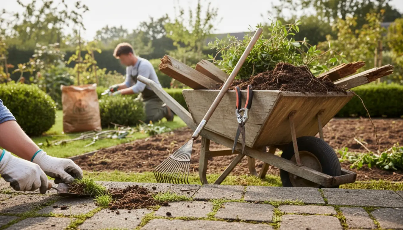 Havearbejde med hænder, rive og trillebør hvor græs fjernes mellem fliser og et gammelt højbed er ved at blive fjernet.