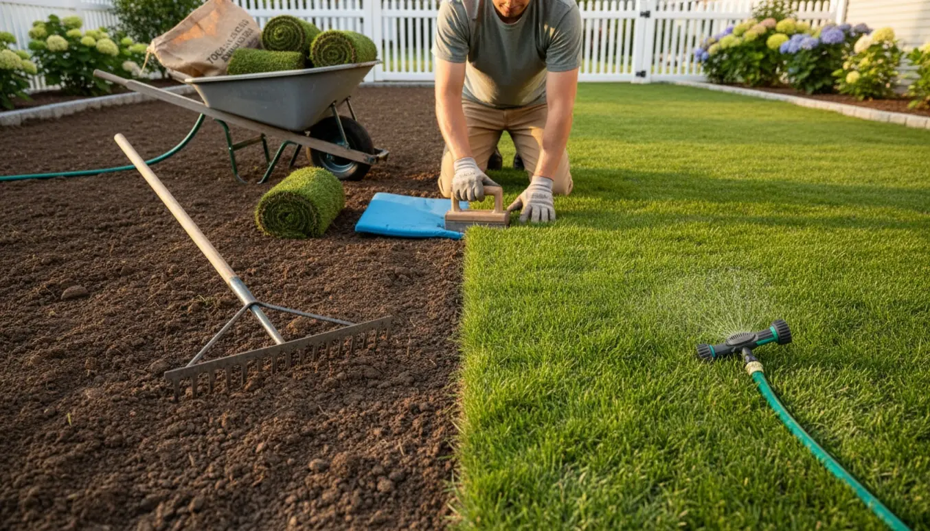 Nærbillede af anlæg af ny græsplæne, hvor rullegræs lægges på bar jord.