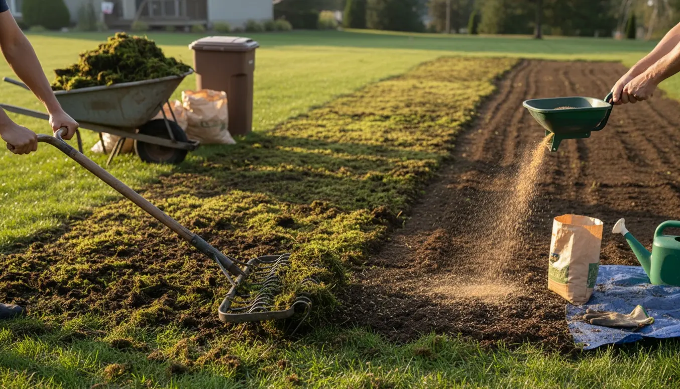Nærbillede af hænder, der fjerner mos fra en stor græsplæne med rive og spreder nyt græsfrø.