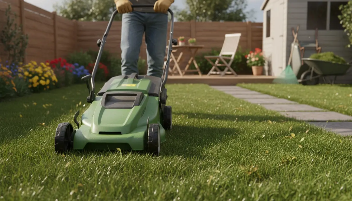 Plæneklipper i arbejde i en velholdt for- og baghave med græsafklip og haveredskaber.