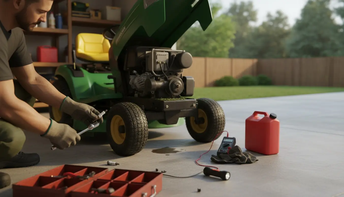 Havetraktor med åben motor i garagen, værktøj og hænder, der fejlfinder motoren.