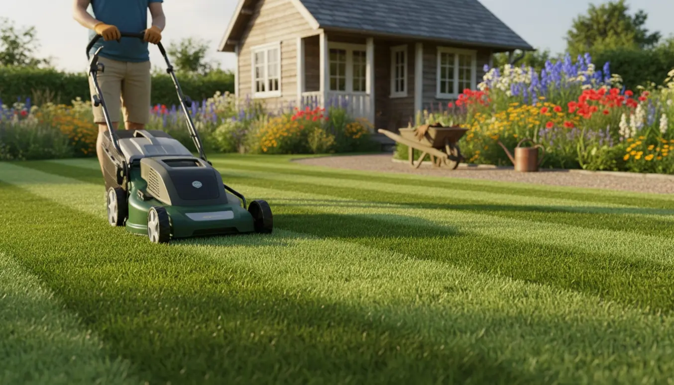 En plæneklipper laver stribede, nyklippede græsarealer foran et hyggeligt sommerhus på en solrig sommerdag.
