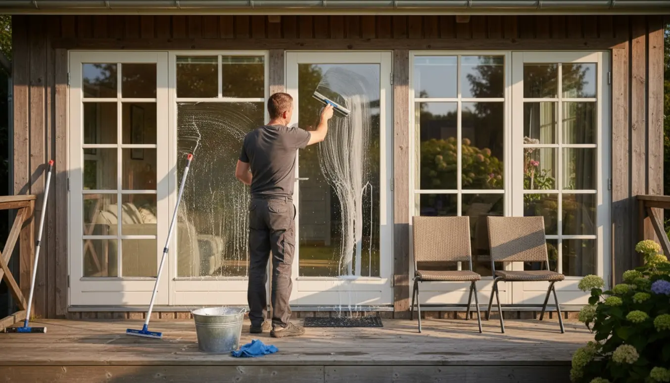 Udendørs vinduespudsning ved et træ-sommerhus med squeegee, spand og flyttede havestole, ansigt ikke synligt.