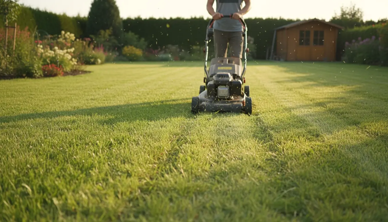 Nærbillede af en person, set bagfra, der slår en stor græsplæne med en plæneklipper, med synlig forskel mellem uklippet og nyklippet græs.