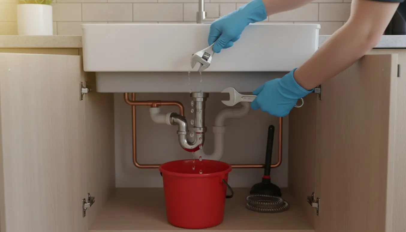 Handsker holder en skiftenøgle under en dryppende køkkenvask mens en spand opsamler vandet.