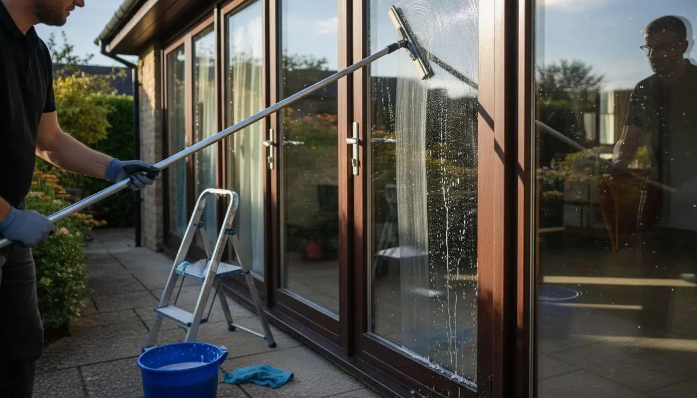 En vinduespudser rengør en terrassedør og flere vinduer udendørs i varmt eftermiddagslys.